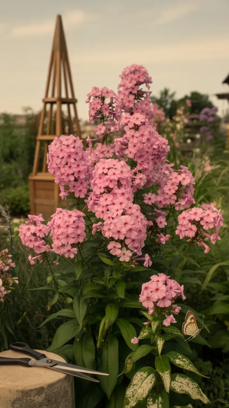 Pink garden phlox flower clusters blooming tall in a fragrant summer perennial border