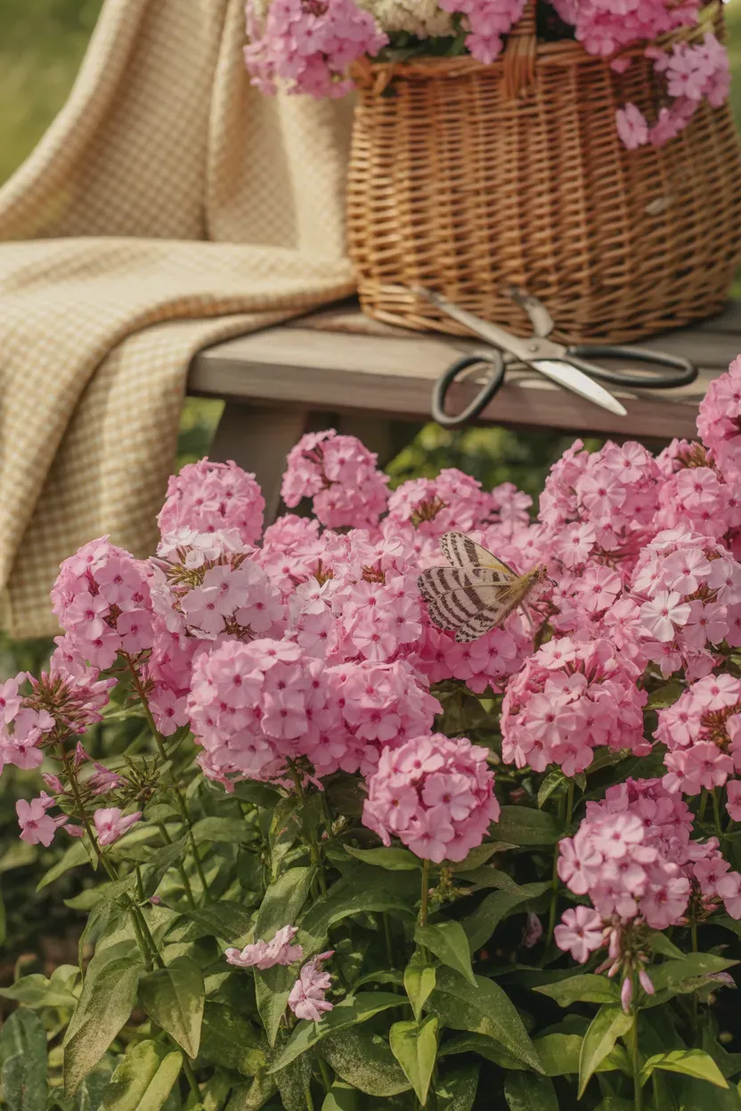 Garden phlox with fragrant pink flower clusters blooming in sunny cottage garden bed
