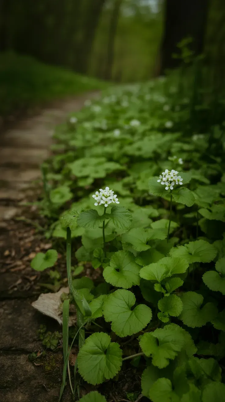 Heart-shaped garlic mustard leaves and small white flowers along a wooded trail edge