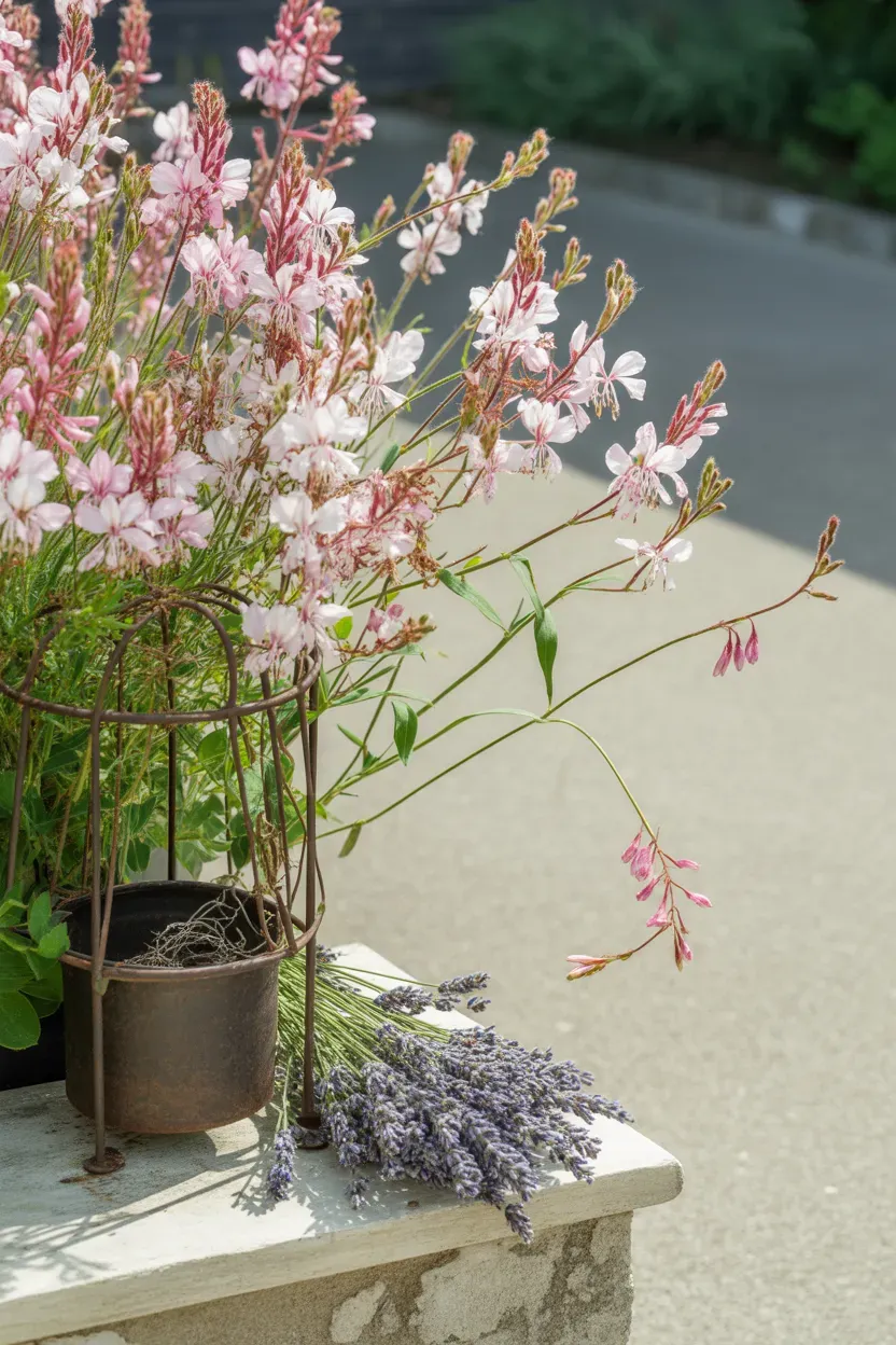 Gaura with delicate pink and white blooms swaying along airy sunny garden border