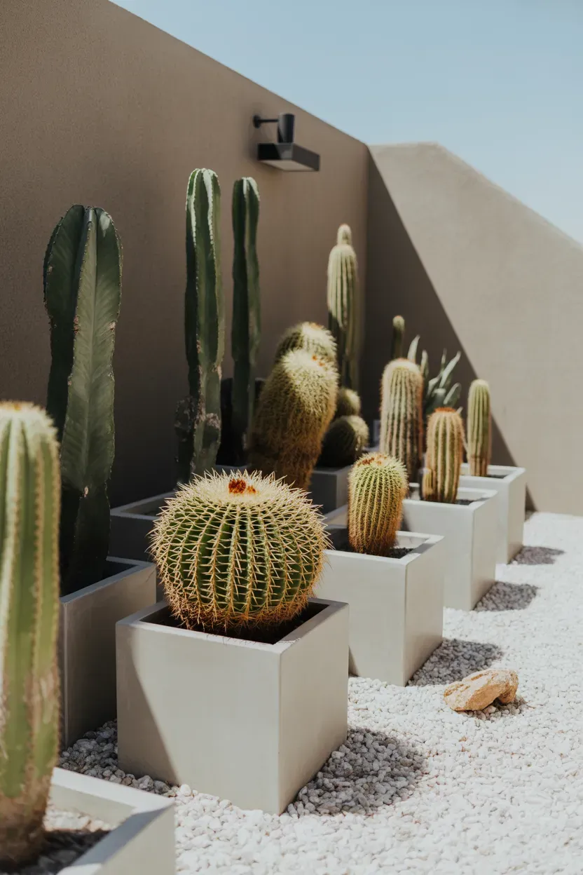 Assorted geometric cacti in matching concrete planters lining desert-minimal modern staircase