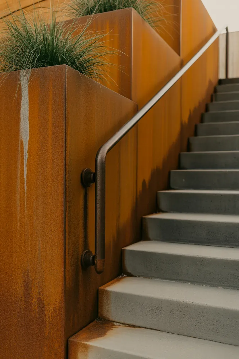 Geometric terrazzo planters with trailing plants adding playful accent to modern staircase