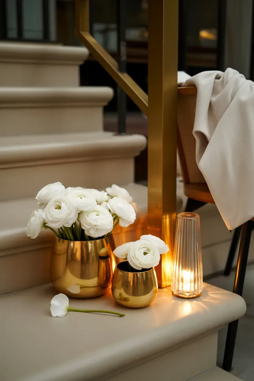 Small gilded gold planters with white flowers adding metallic glamour to luxury staircase
