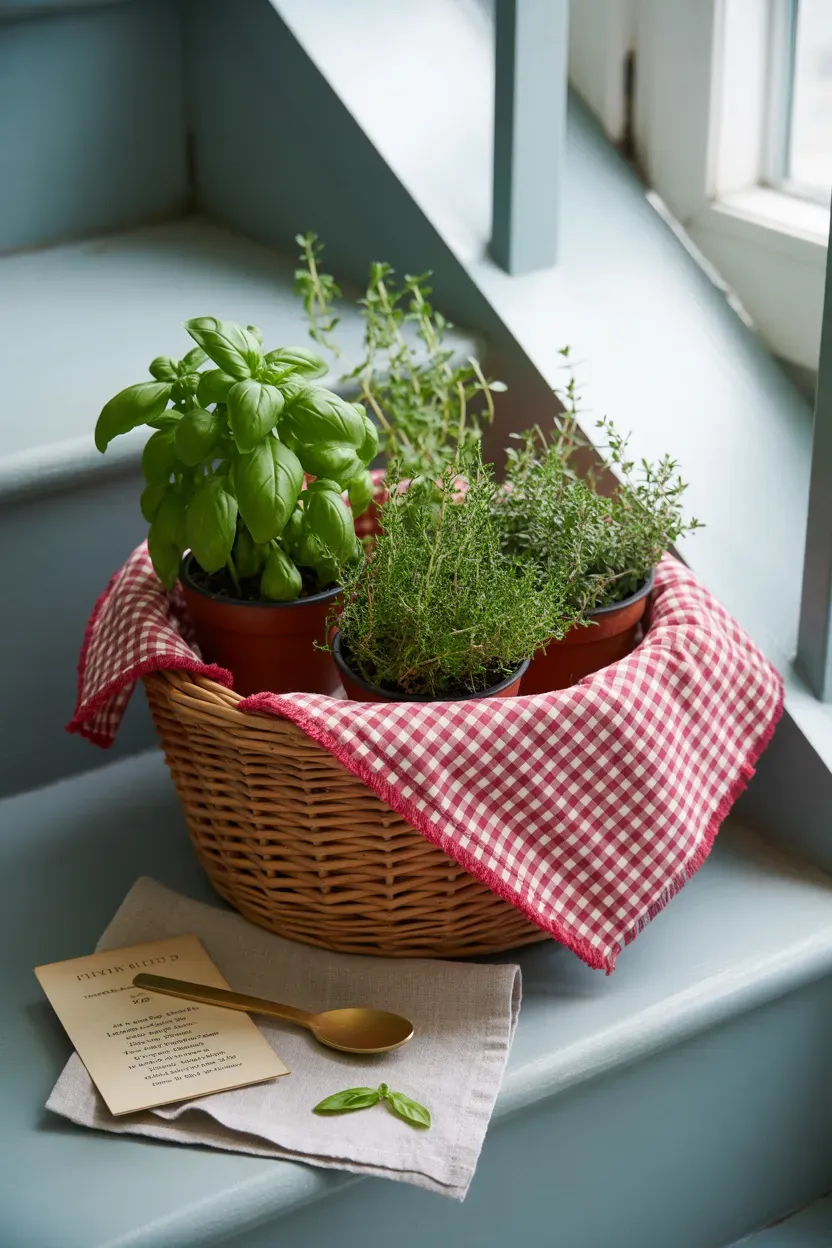 Gingham fabric-lined basket holding potted herbs on a farmhouse staircase step