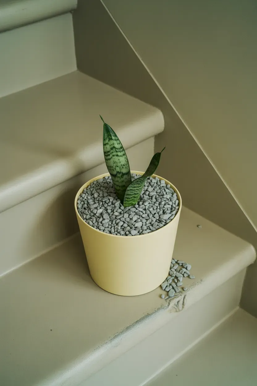 Pothos cuttings rooting in matching glass cylinders on a minimalist staircase windowsill