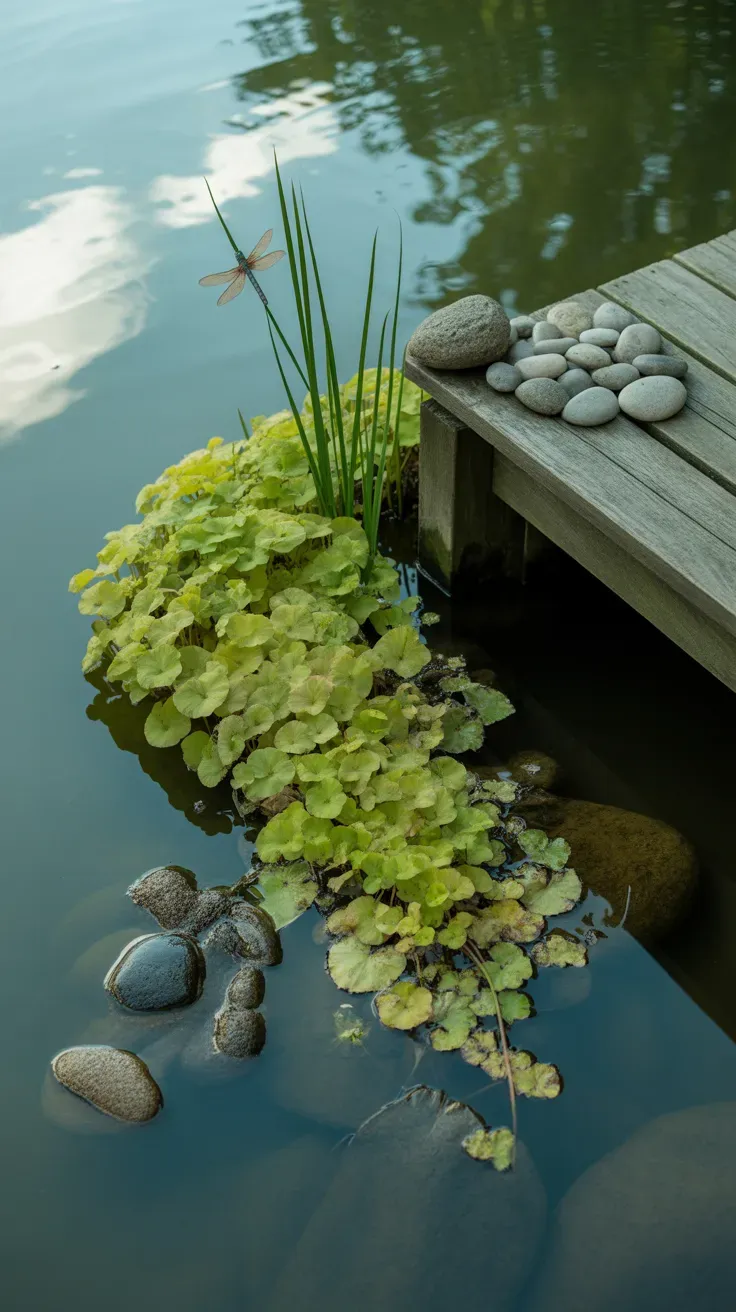 Golden creeping jenny trailing along damp shaded pond edge garden bed