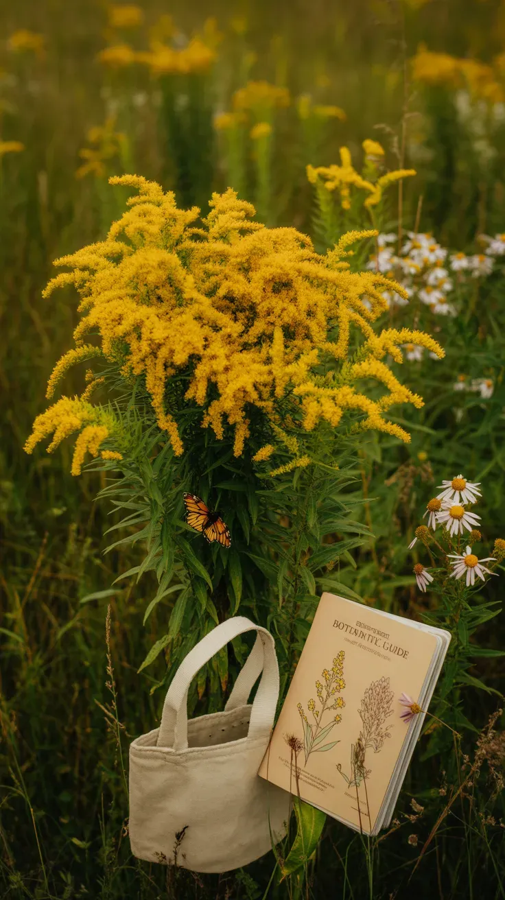 Wild goldenrod with bright yellow plume-like blooms growing in late summer meadow