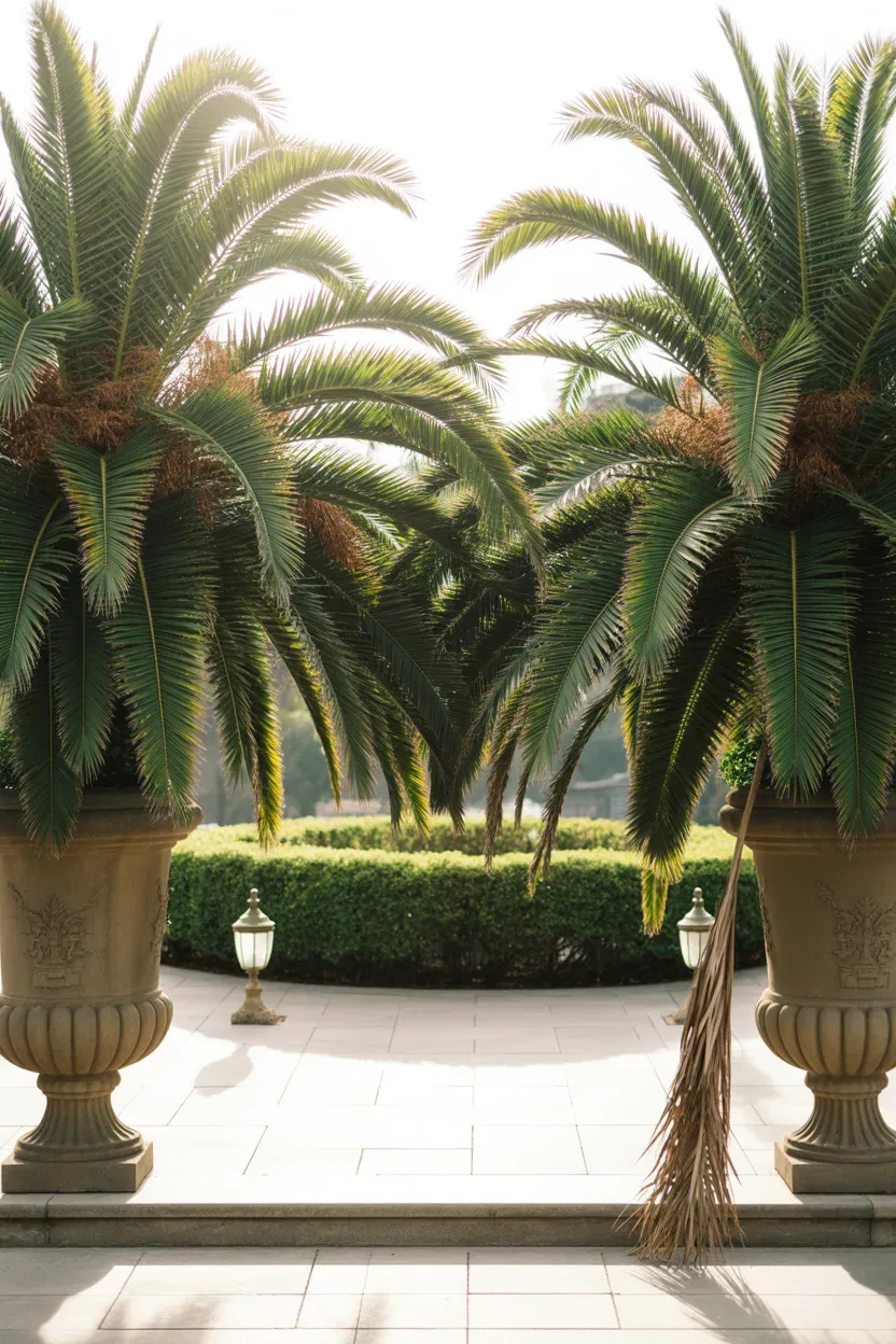 Matched large kentia palms in cast stone urns flanking resort-level dramatic luxury staircase
