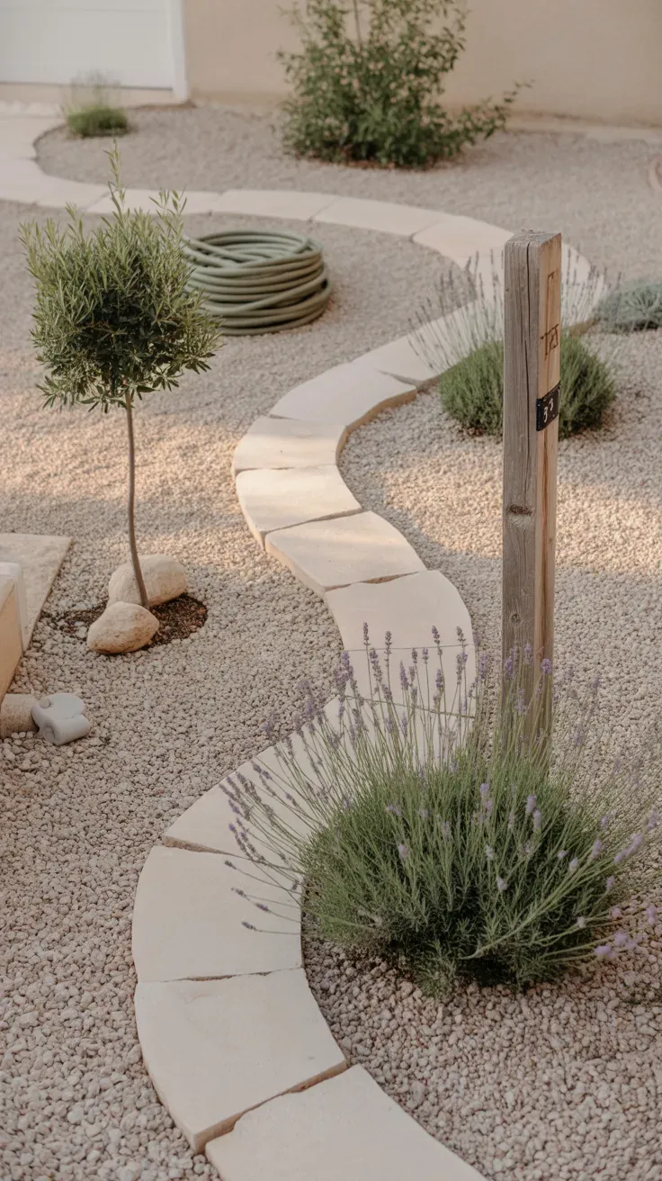Pale gravel groundcover pathway winding through drought-tolerant Mediterranean front yard plants