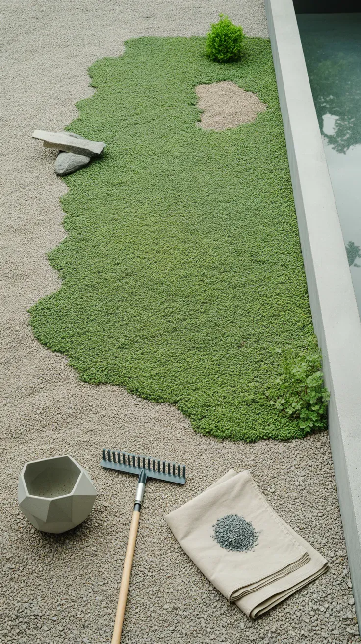 Flat mat of green carpet rupturewort covering a fine gravel garden path edge