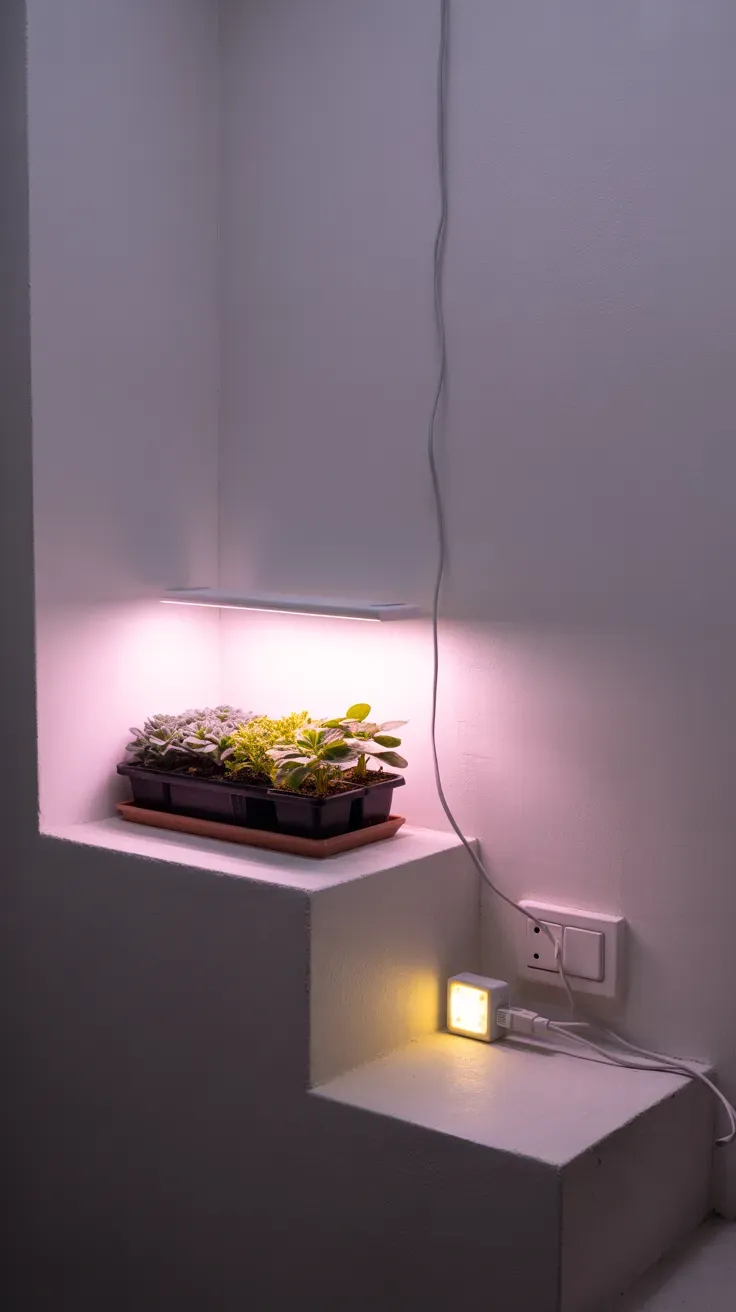 Concrete shelf with small grow light illuminating plants in windowless dim staircase