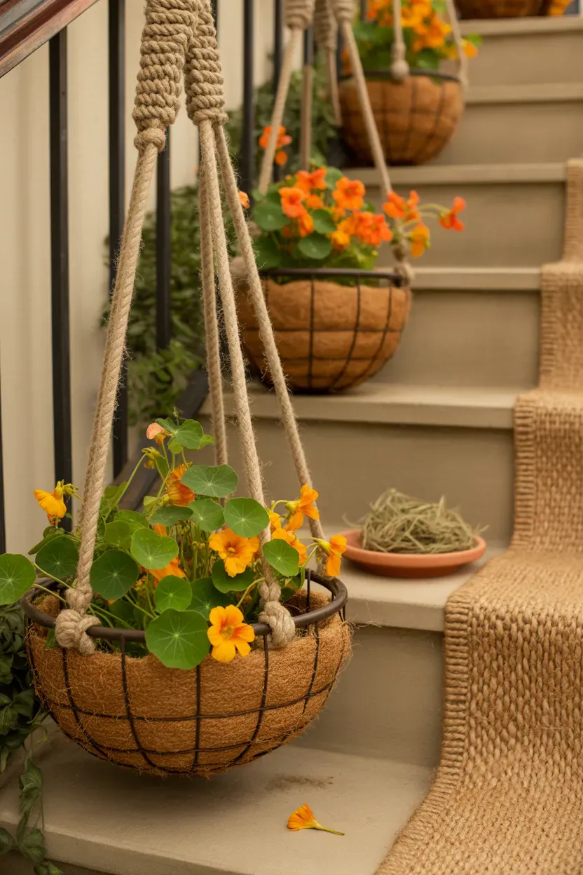 DIY gutter trough planters filled with succulents mounted along narrow staircase edge