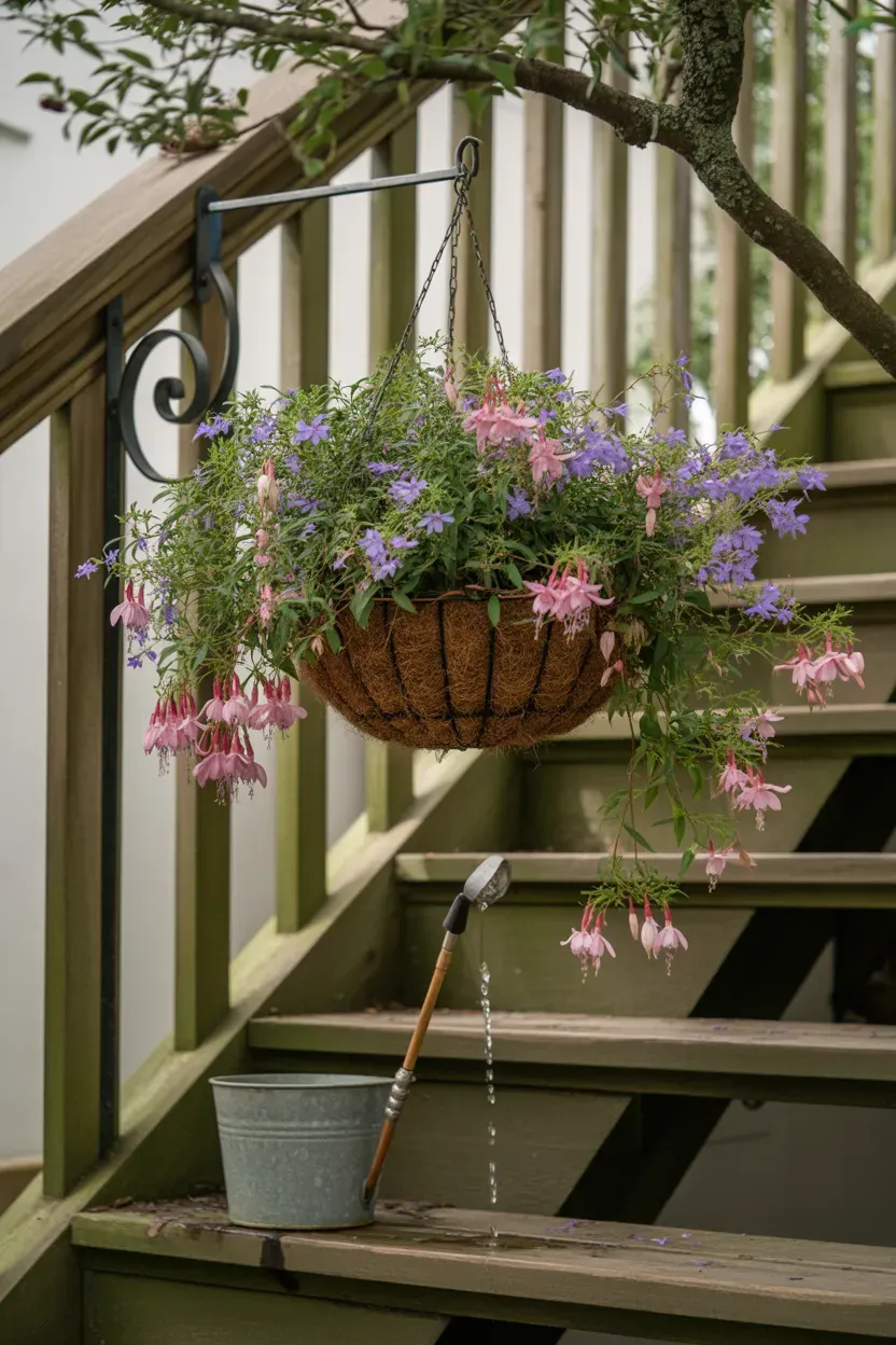 Overflowing hanging baskets suspended along staircase railing with cascading flowers