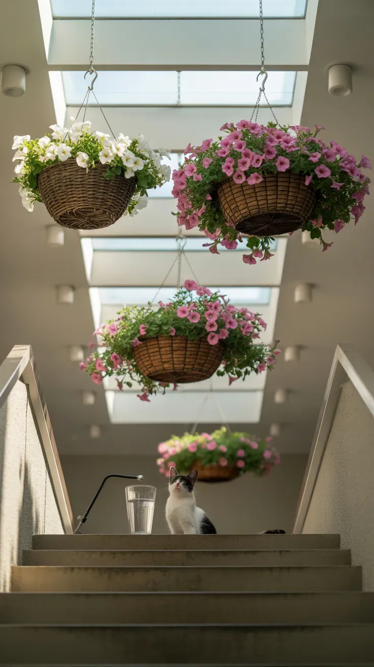Three hanging baskets suspended overhead completely out of reach on cat-safe staircase
