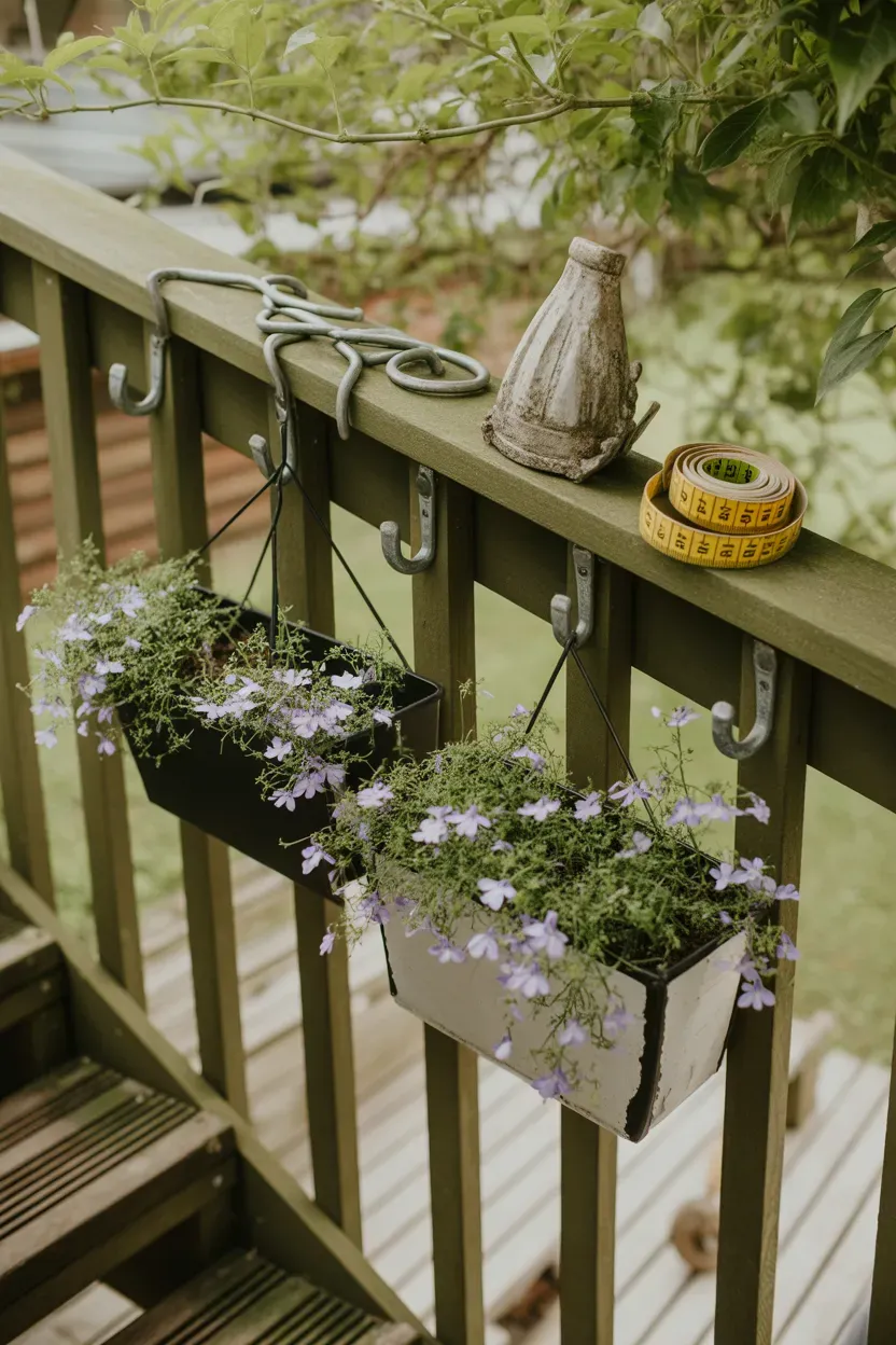 DIY hanging rail planters with trailing flowers attached to wooden staircase railing