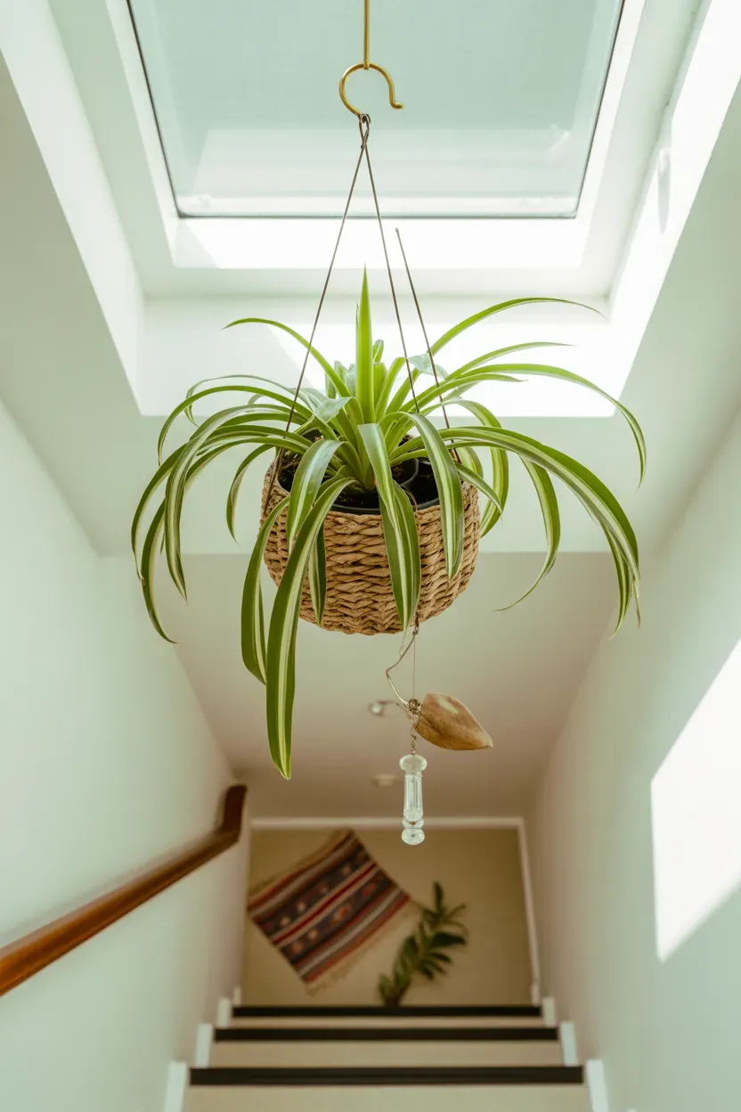 Spider plant with trailing plantlets hanging from a staircase ceiling in a woven planter