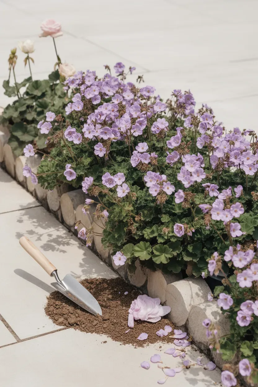 Hardy geranium with small purple blooms spreading along front of sunny garden border