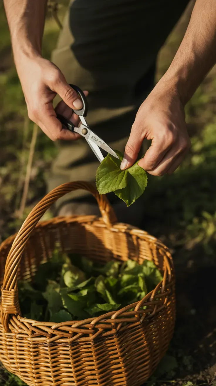 Hands using small scissors to snip wild violet leaves at the base into a wicker basket