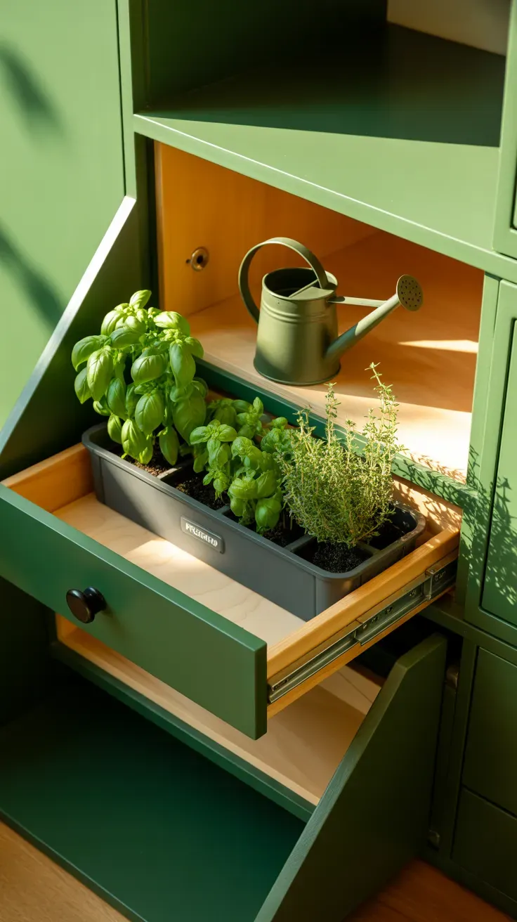 Small herb planter insert fitted into open storage drawer of tiny home staircase step