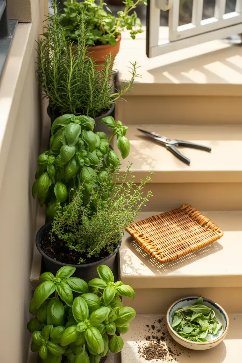 Potted herbs including basil and rosemary lining sunny kitchen door staircase