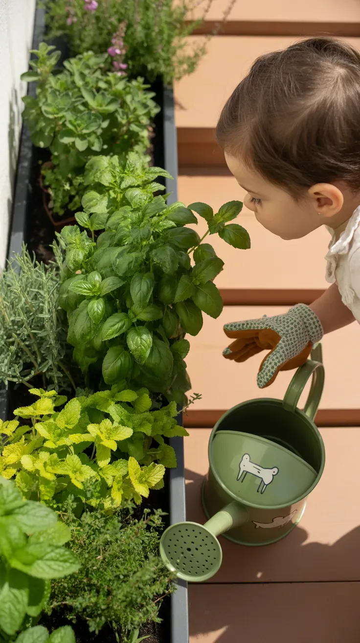 Herb trough with basil and mint safe for kids to touch and smell on garden staircase