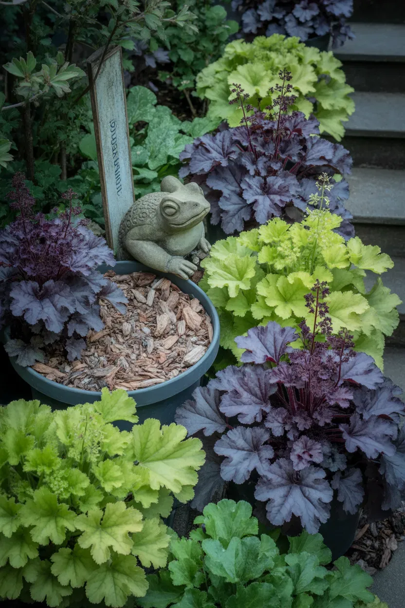 Heuchera plants in contrasting purple and lime colors lining shaded garden staircase