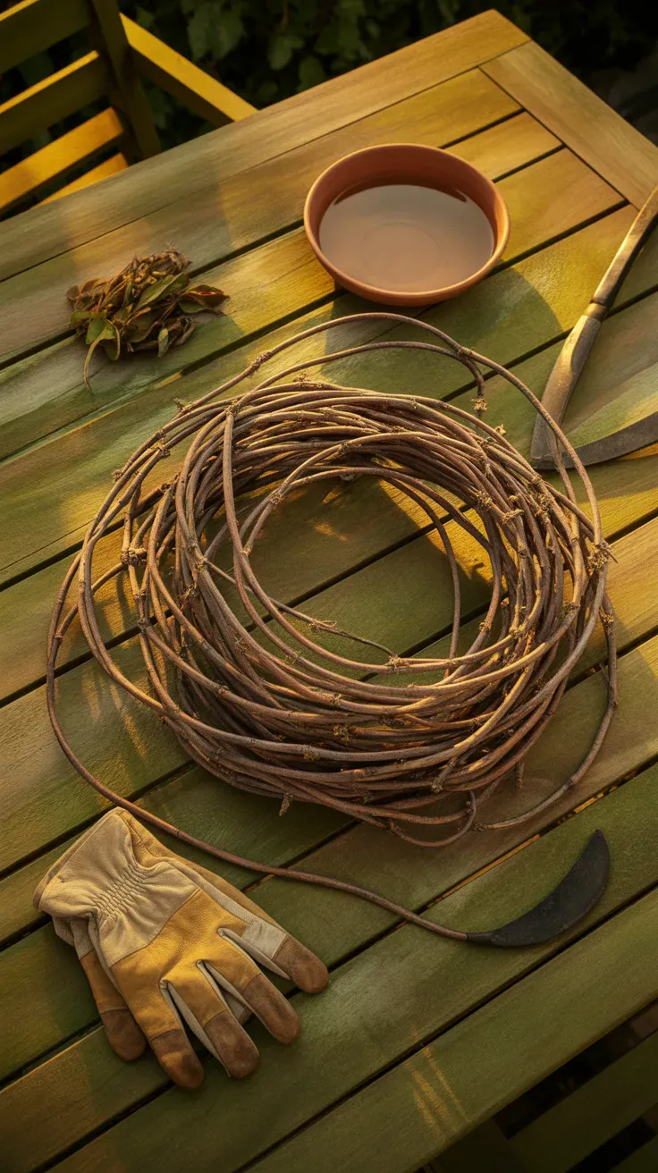 Coiled honeysuckle vine stripped of leaves resting on a garden table