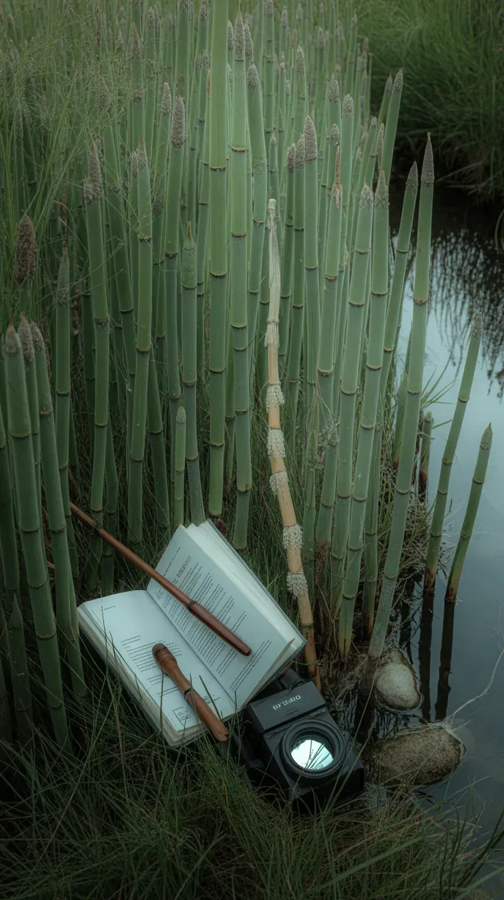 Wild horsetail with distinctive jointed hollow stems growing along damp streamside habitat