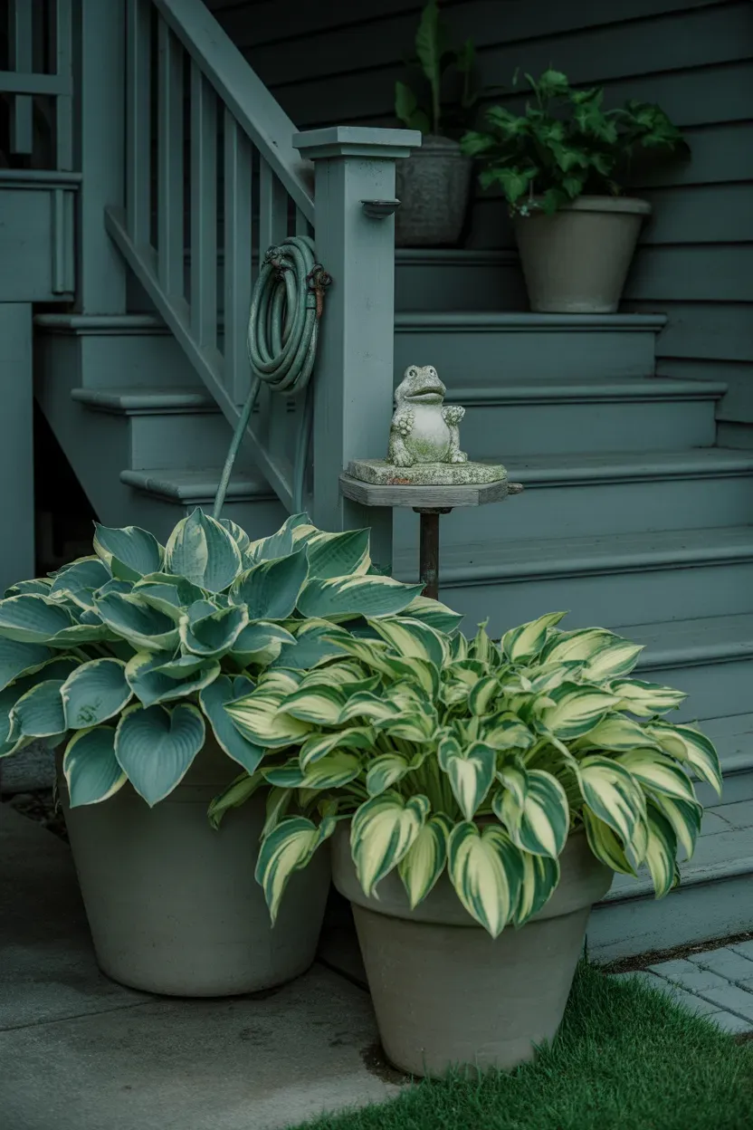 Hostas in large pots bordering deeply shaded staircase with lush variegated foliage
