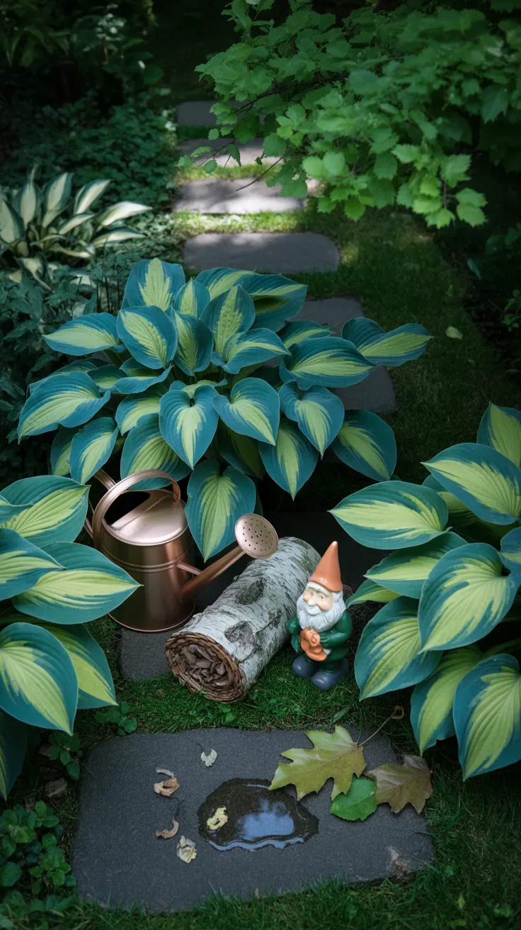 Large variegated hosta leaves arranged along a shaded woodland garden path