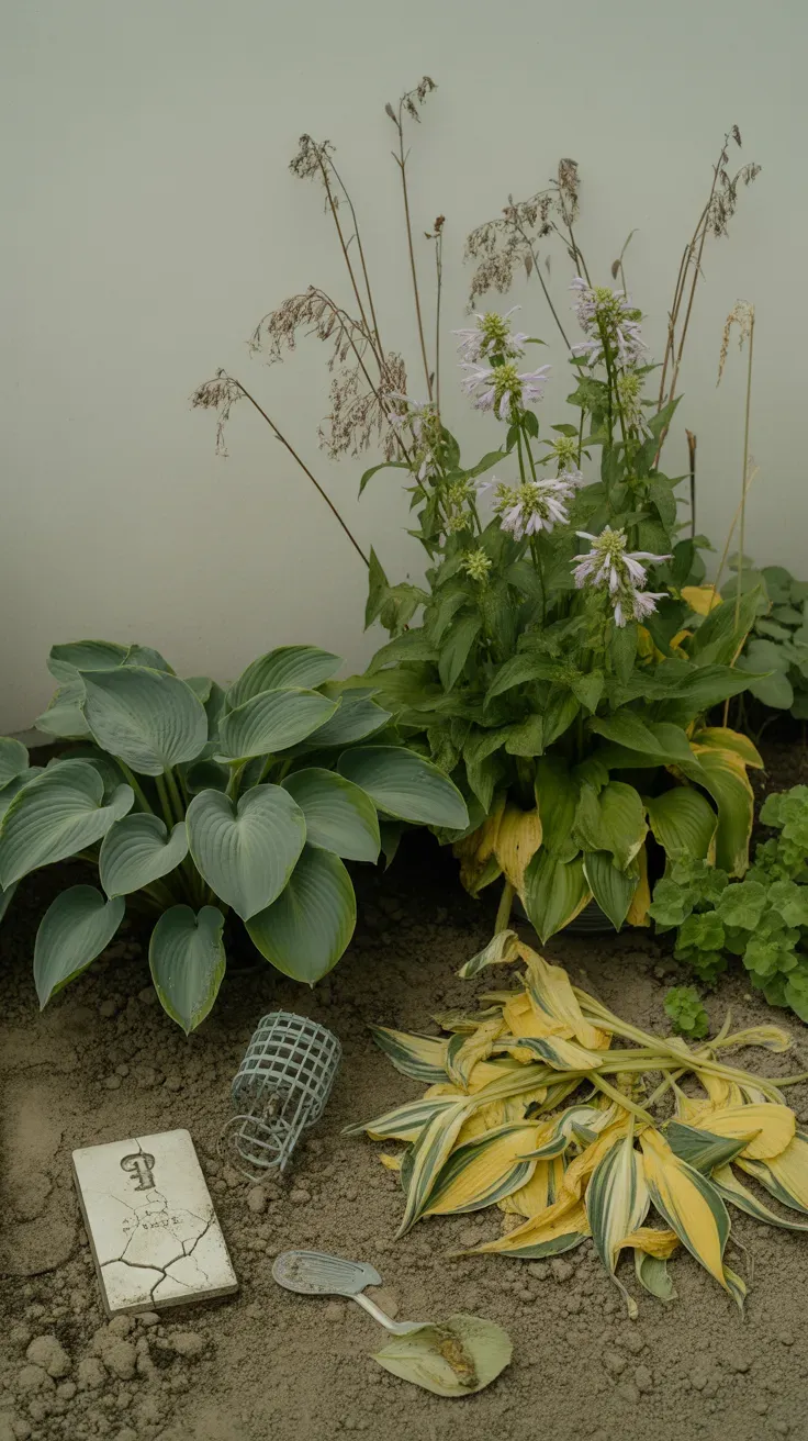 Shade-loving hosta leaves wilting next to sun-stressed bee balm in mismatched light