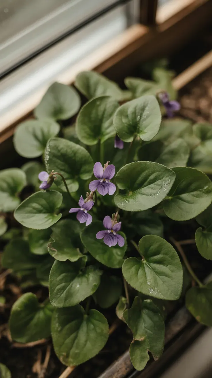 Close-up of heart-shaped wild violet leaves and purple flowers in a garden bed