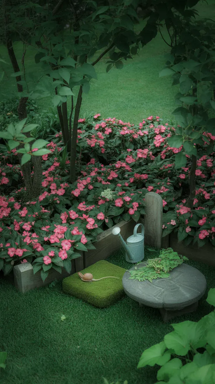 Bright pink impatiens flowers filling a shaded garden bed under tree cover