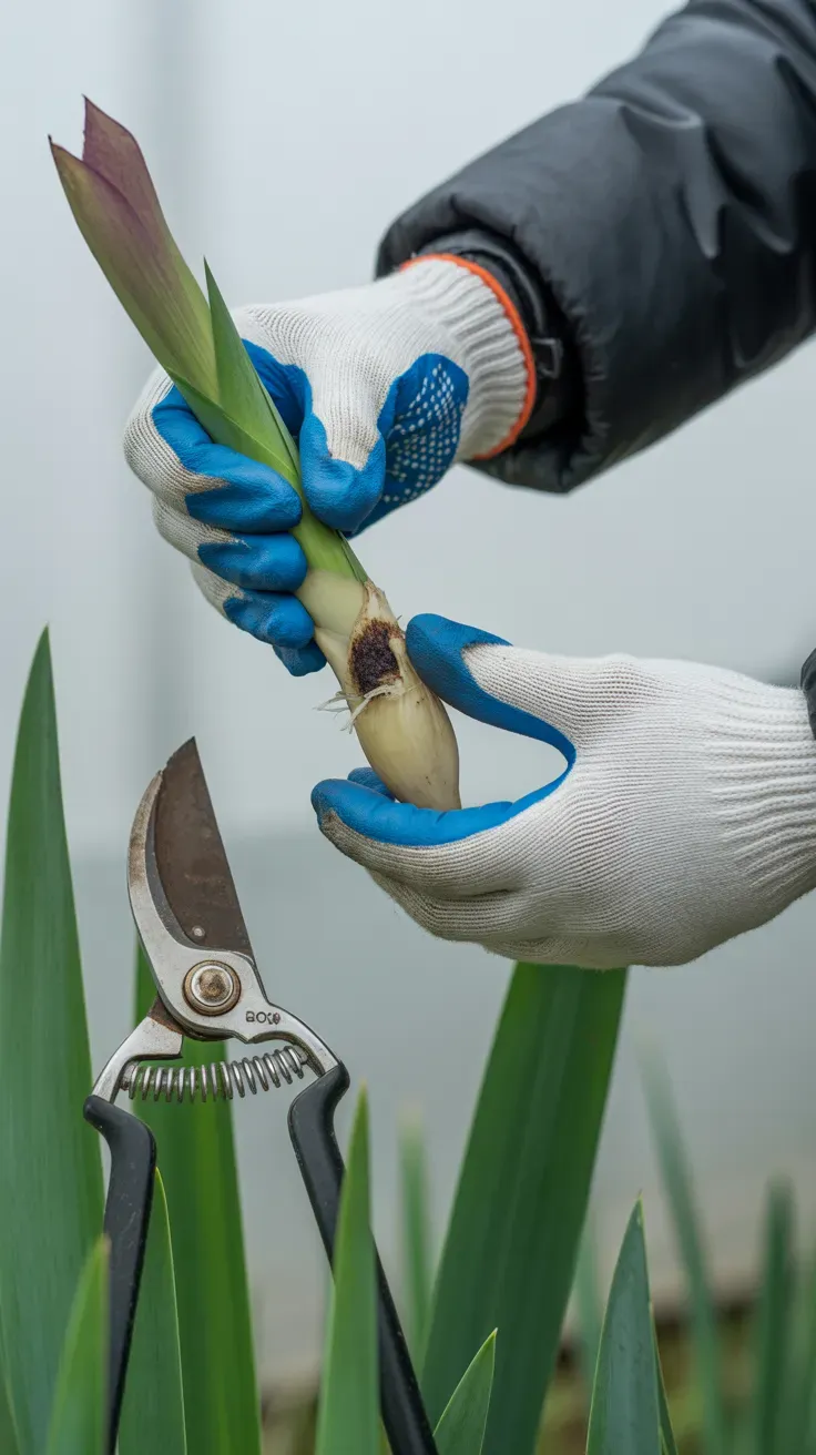 Gardener inspecting an iris rhizome for soft spots and borer damage during pruning