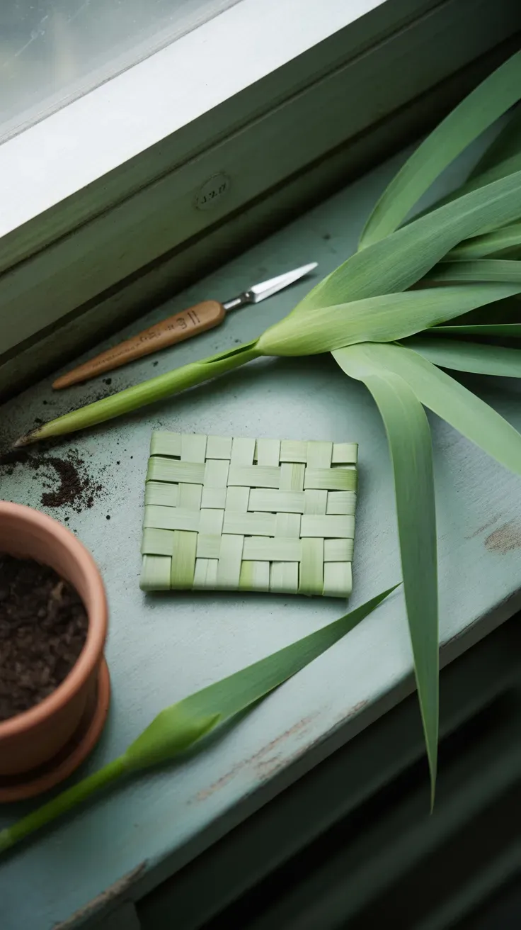 Flattened iris leaves woven into a small mat panel on a garden potting bench