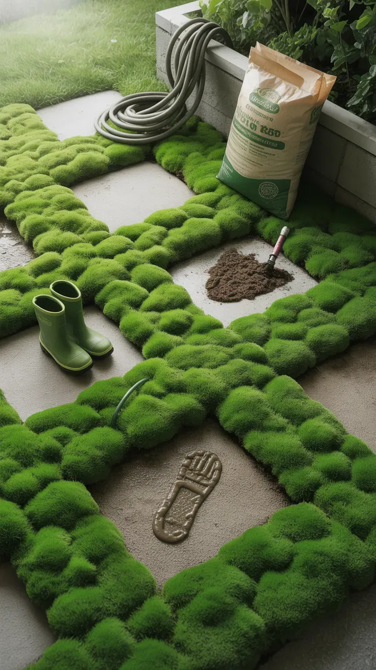 Irish moss forming dense green carpet filling gaps between garden pavers