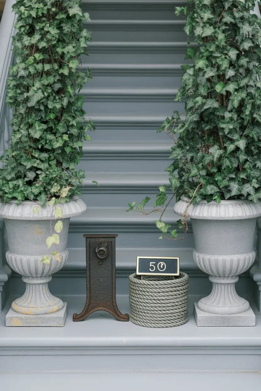 Classic stone urns draped with trailing ivy on elegant formal staircase entrance