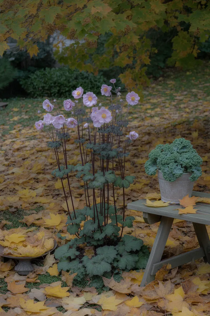 Japanese anemone with elegant pink blooms standing in shaded fall garden bed