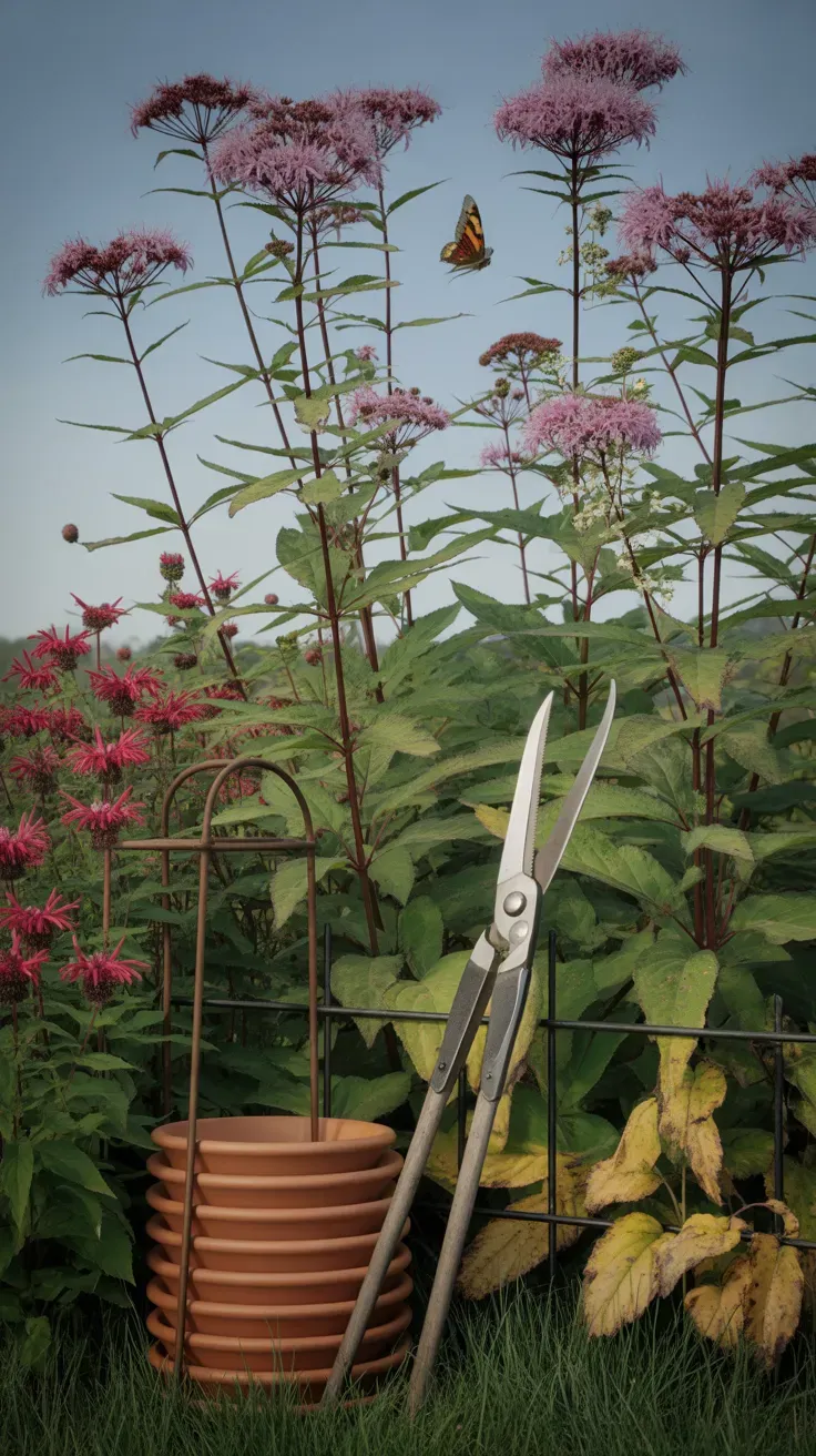 Tall mauve Joe Pye Weed towering behind red bee balm in a back border