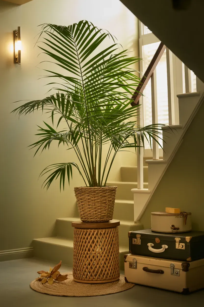 Areca palm on a jute-wrapped plant stand positioned on a staircase half-landing