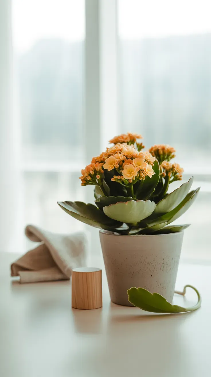 Clusters of small orange kalanchoe flowers on thick succulent leaves in a bright room
