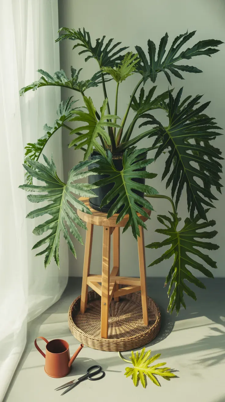 Tall kentia palm with arching dark green fronds beside entryway console table
