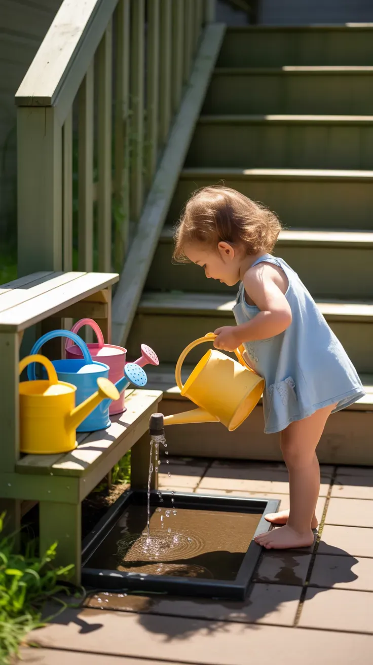 Small kid-height watering station with child-sized cans beside family garden staircase