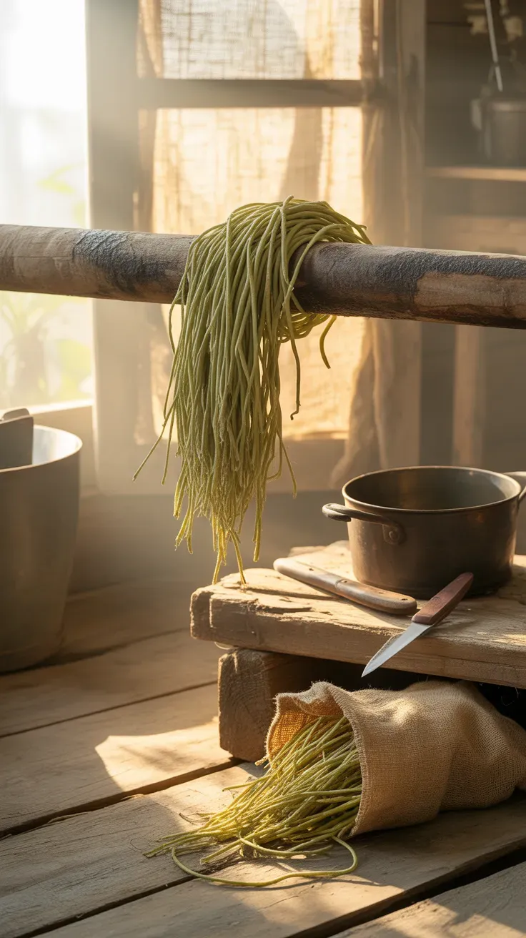 Split kudzu vine fibers drying over a wooden dowel in a sunlit shed
