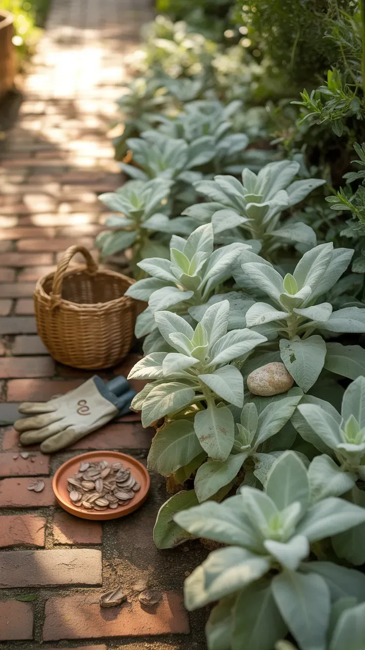 Soft silvery lamb's ear leaves lining the edge of a sunny garden pathway