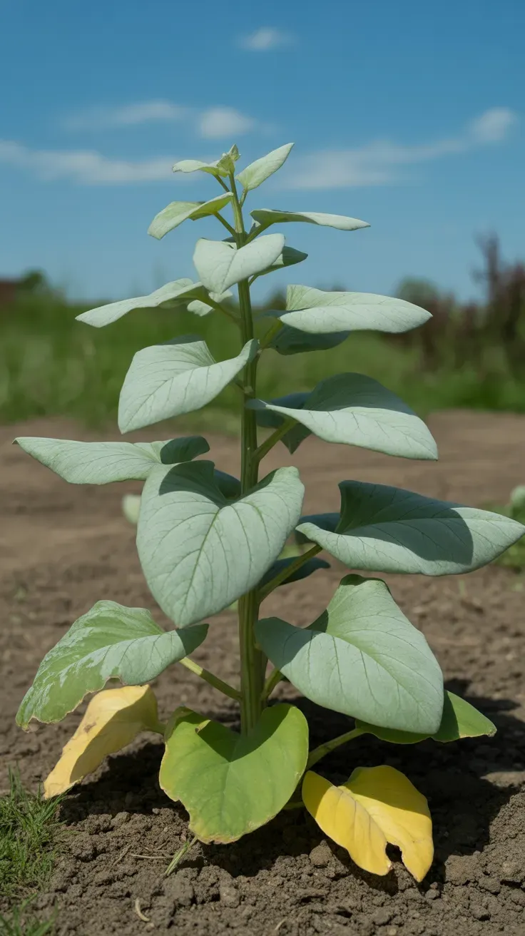Tall lamb's quarters plant with mealy silver-green leaves in garden bed
