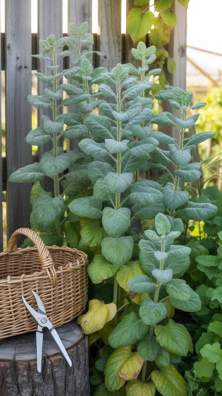 Tall lamb's quarters plants with dusty-green leaves growing along a garden fence