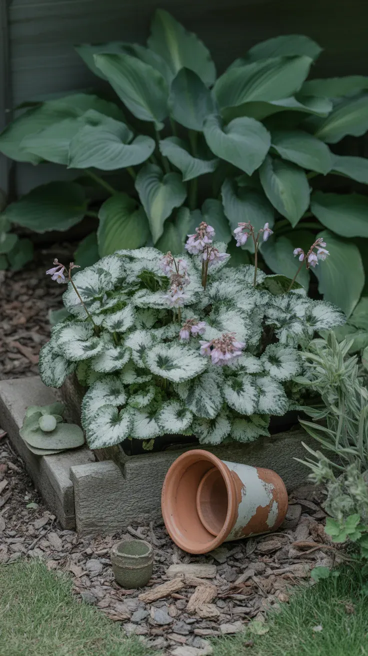 Lamium with silver-variegated leaves and pink flowers brightening dry shaded border