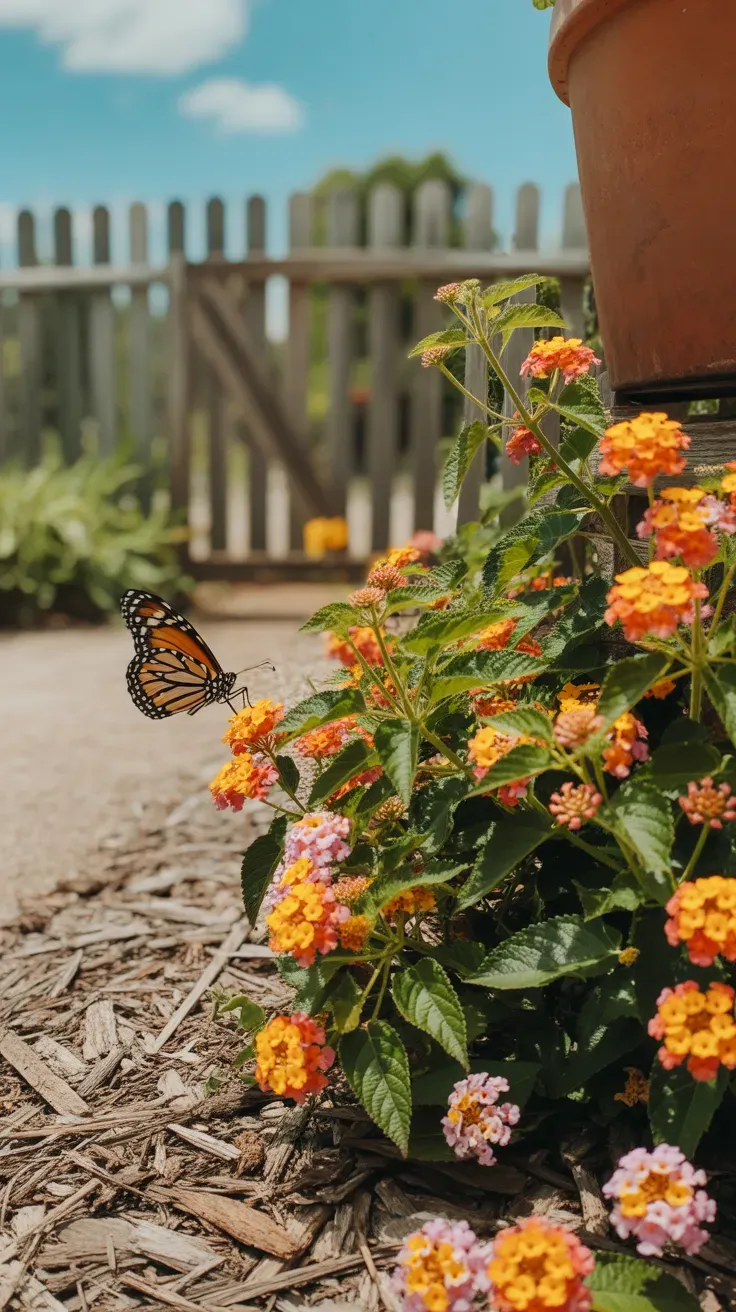 Multicolor orange and yellow lantana blooms attracting a butterfly in a sunny garden
