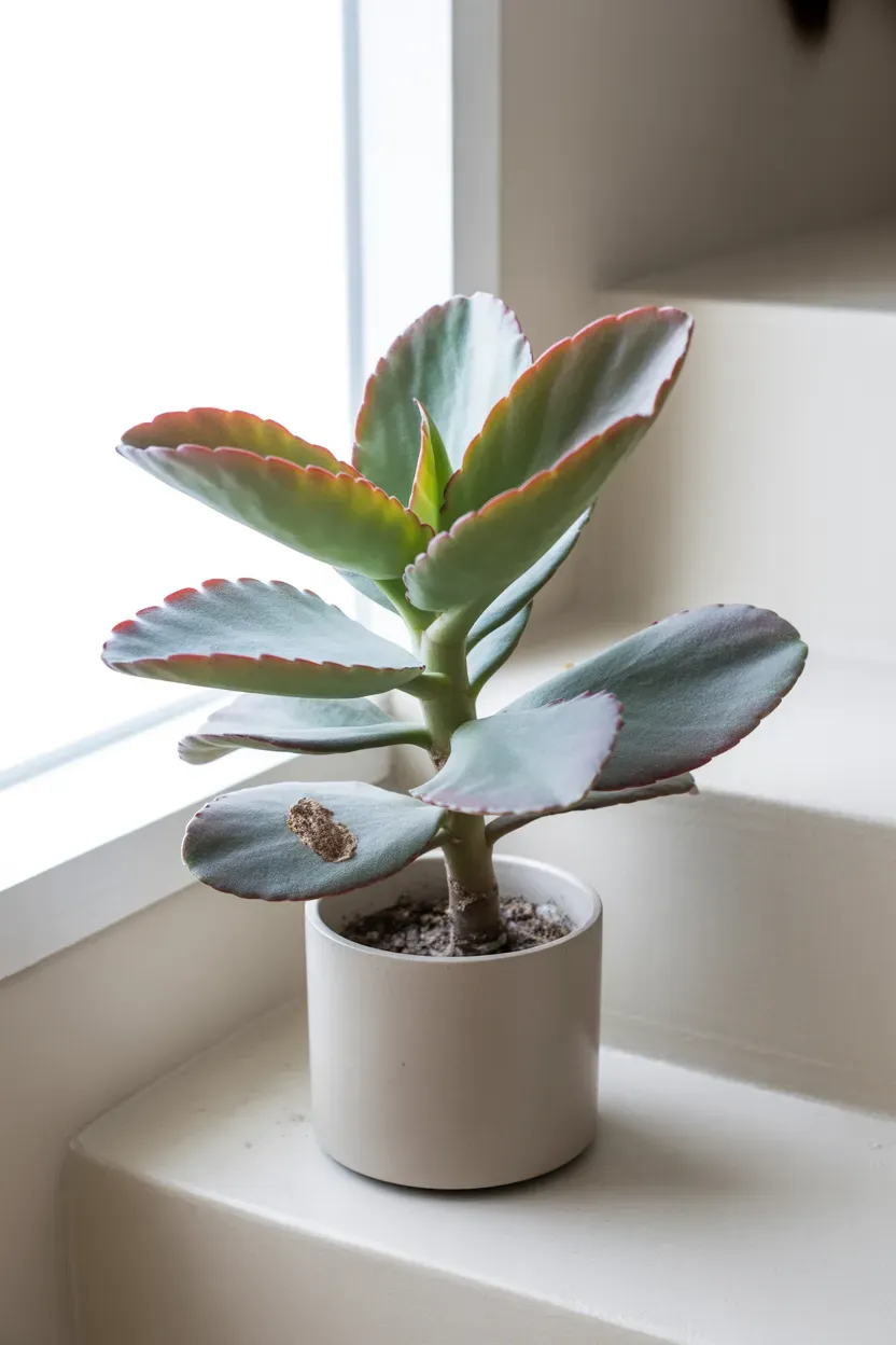 Large paddle plant with red-edged leaves alone in a matte pot on a minimalist staircase